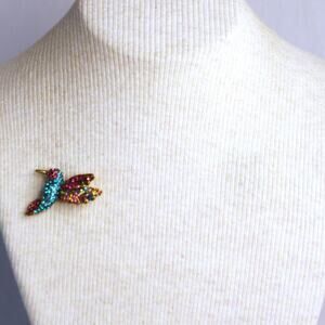 Hummingbird In Flight Brooch Colorful Rhinestone Studded Brass Metal